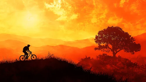 Cyclist silhouette on ridge against layered orange sky.