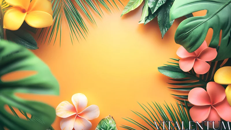 Tropical Floral Composition with Rendered Plumerias and Monstera Foliage