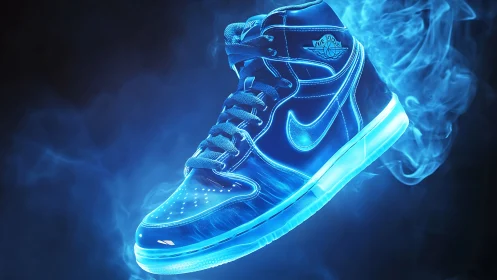 Cyberpunk neon sneaker render with luminous rim lighting focus.