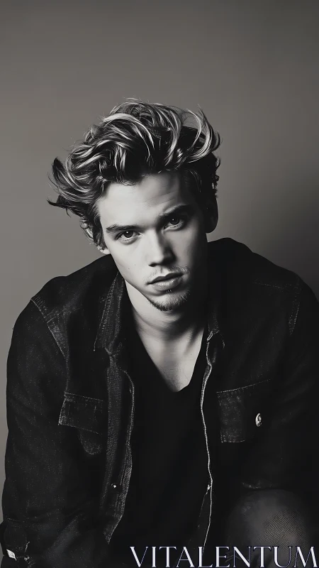 Monochrome portrait of young man with tousled hair.