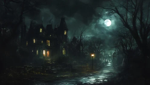 Moonlit road beside old mansion in dense barren trees.