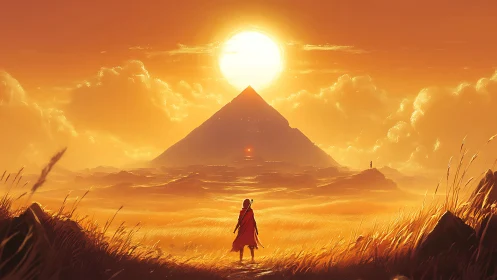 Golden hour digital painting of lone wanderer and pyramid.