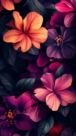 Vibrant digital flowers with layered petals and dark foliage background.