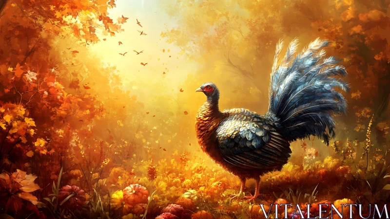 Turkey in Golden Autumn Field Bathed in Warm Sunlight