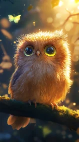 Starlit baby owl and glowing forest butterfly dreamscape.
