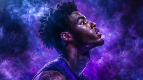 Profile portrait of basketball player in purple haze.