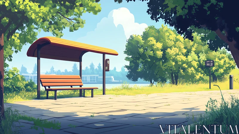 Sunny riverside bus stop rests among lush summer trees.