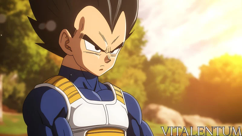 Armored anime warrior under warm backlit forest sunset lighting