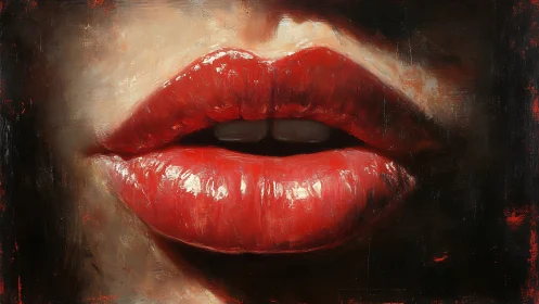 Glossy red lips hover against dark textured background