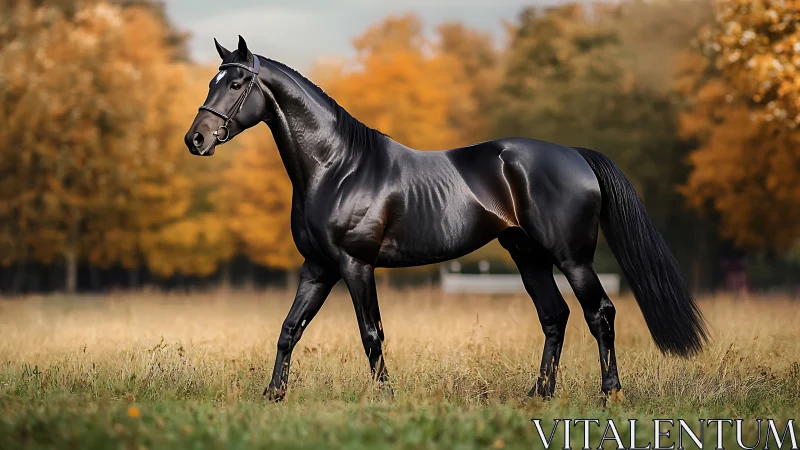 Black thoroughbred horse standing in autumn field outdoors.