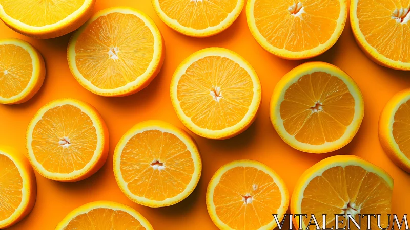 Orange halves are arranged in a uniform grid composition