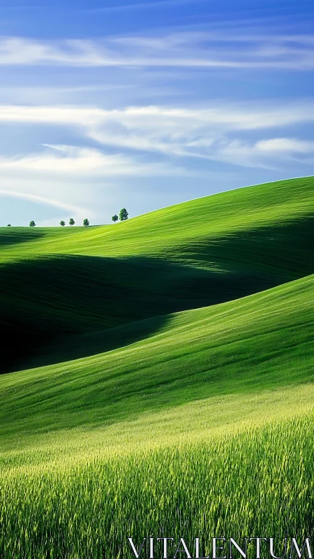 Whispering emerald hills under a slow-dancing sky.