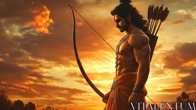 Epic archer silhouette against cinematic fiery sunset sky.