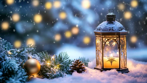 Snowlit lantern with bokeh, pine foliage, and candle glow.