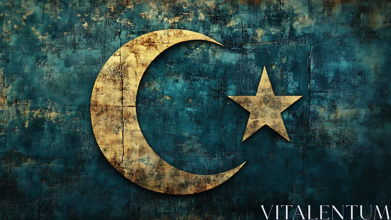 Weathered golden crescent and star on deep teal nightwall.