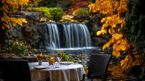 Autumn waterfall dinner nook wrapped in golden twilight hush.