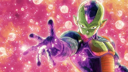 Warrior alien extends glowing hand in cosmic pink storm