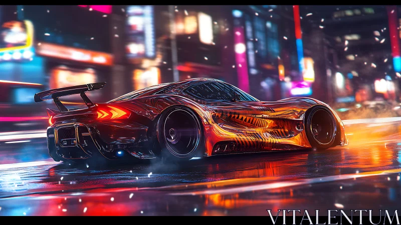 Futuristic orange supercar speeds through neon city street