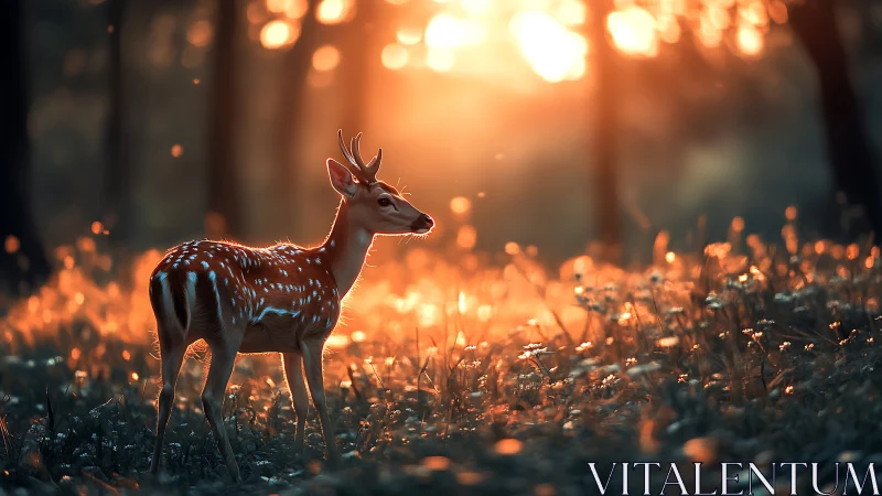 Spotted deer in golden backlight within soft forest bokeh.