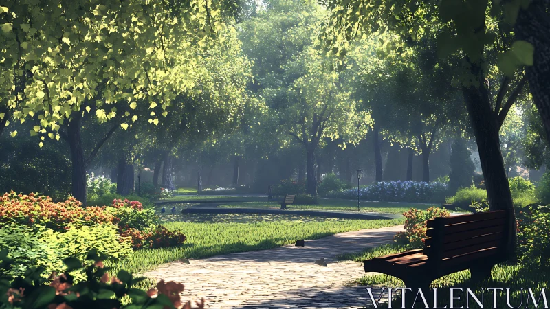 Sunlit garden promenade where quiet benches gather dreams.