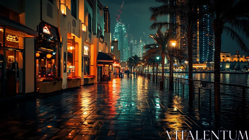 Rain-soaked waterfront promenade under mixed urban and retail lighting