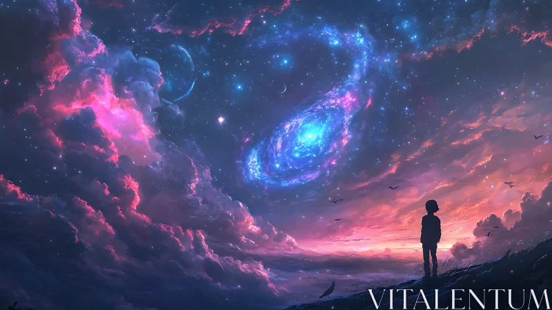 Childlike silhouette listens while spiral galaxies quietly sing