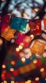 Colorful papel picado banners glowing over blurred lights.
