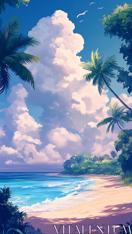 Tropical Beach Paradise with Towering Cumulus Sky.