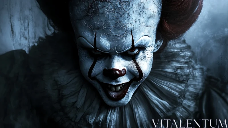 Forensic close-up of cracked horror clown visage under glare.