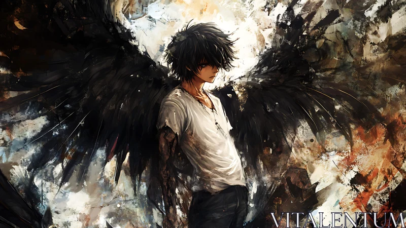 Dark winged boy against chaotic abstract light burst.