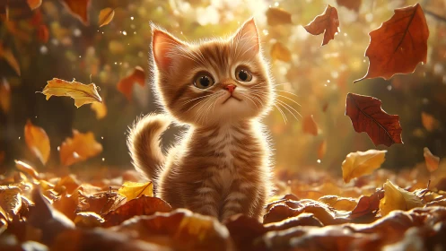 Adorable Kitten Among Falling Autumn Leaves in Golden Light