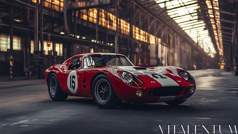 Vintage race car rendered in cinematic photorealistic warehouse light