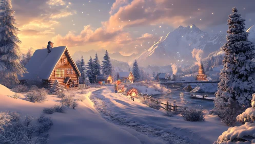 Snowy village cabins under warm sunset light in winter.