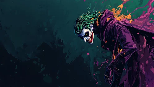 Twisted clown villain leans forward amid splattered neon paint