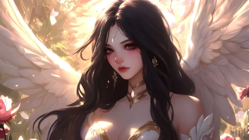 Winged female character stands in glowing backlit garden