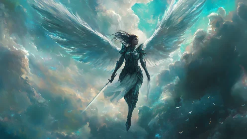 Armored seraphic warrior hovering in luminous storm clouds