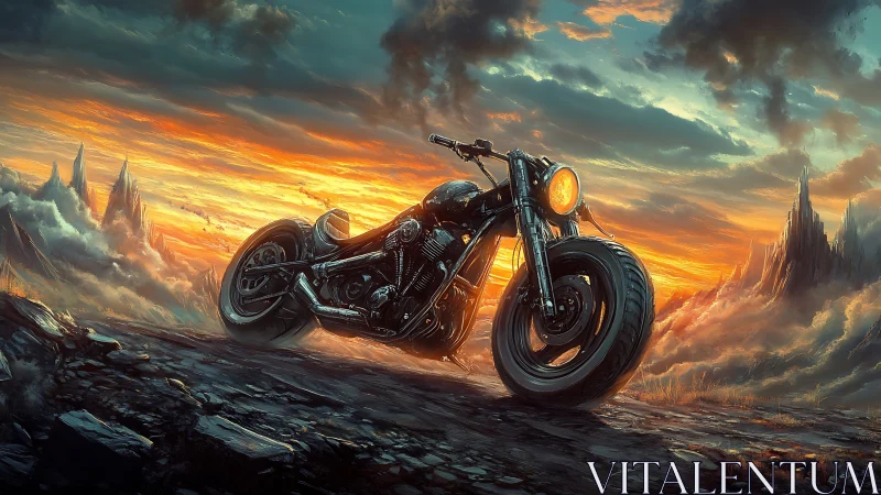 Custom motorcycle on rocky terrain at vivid sunset.