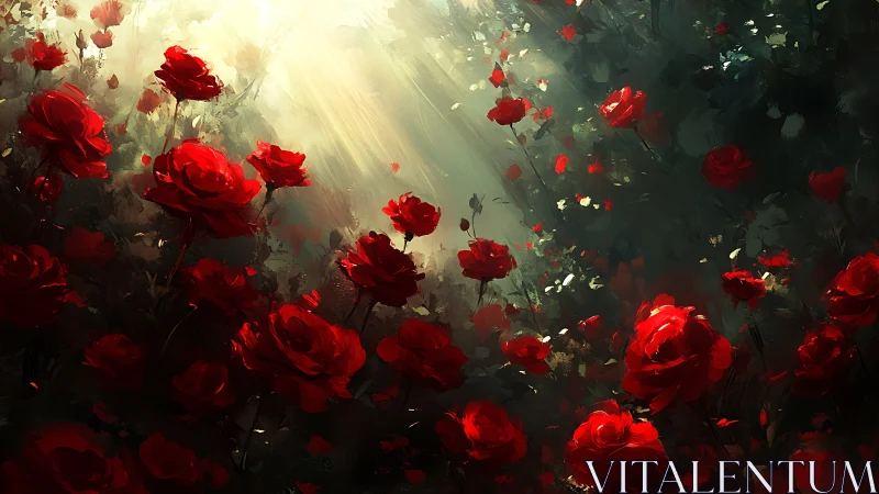 Luminous Garden: Radiant Red Roses in Atmospheric Light