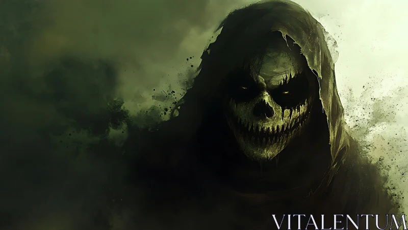 Hooded skeletal figure emerging from dense green mist.