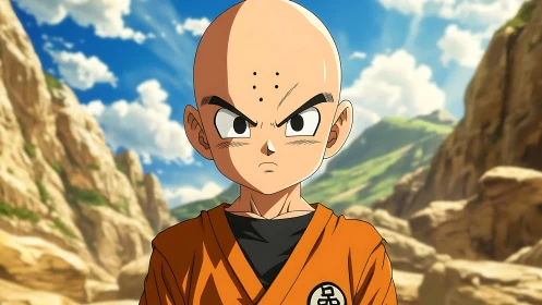 Shaved warrior in orange gi under bright rocky sky backdrop.