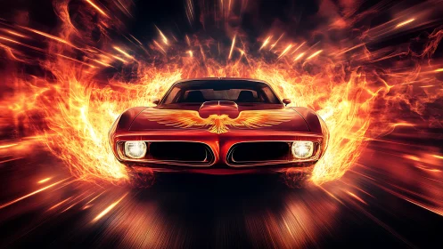 Firewing muscle car rockets through a tunnel of phoenix flame.