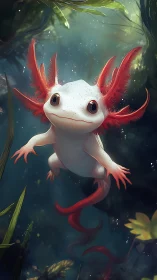 Curious axolotl drifts through dreamy sunlit underwater forest