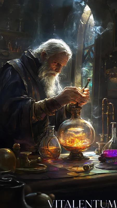 Elder alchemist refines glowing elixir in medieval workshop