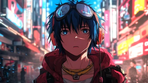 Neon city wanderer with headphones and goggles at night.