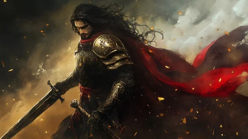 Armored warrior with red cloak holding two swords in smoke.