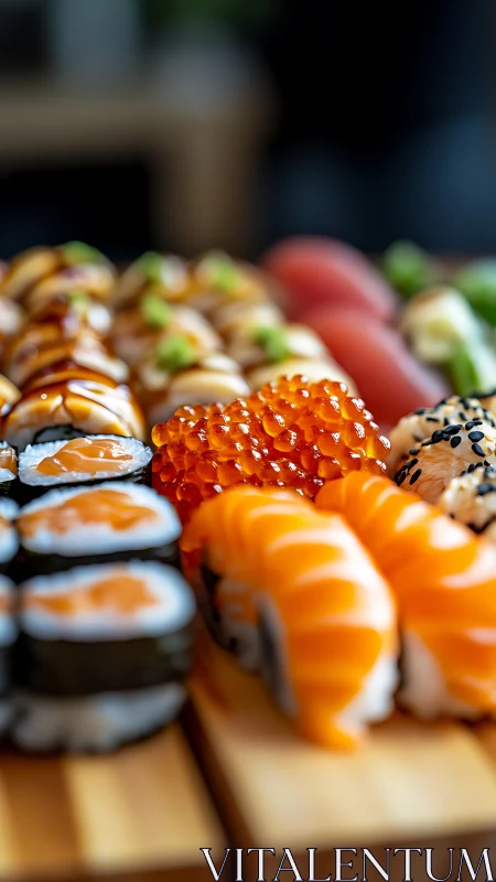 Salmon-bright sushi battalion marches across bamboo planks