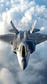 Stealth jet knifes through sculpted cloud kingdoms at altitude.