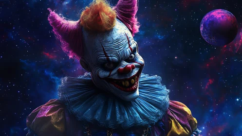 Sinister clown figure floats in vivid outer space scene