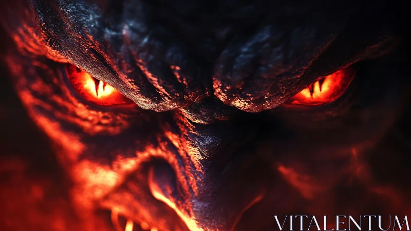 3D infernal demon close-up with molten ocular focus rendering.