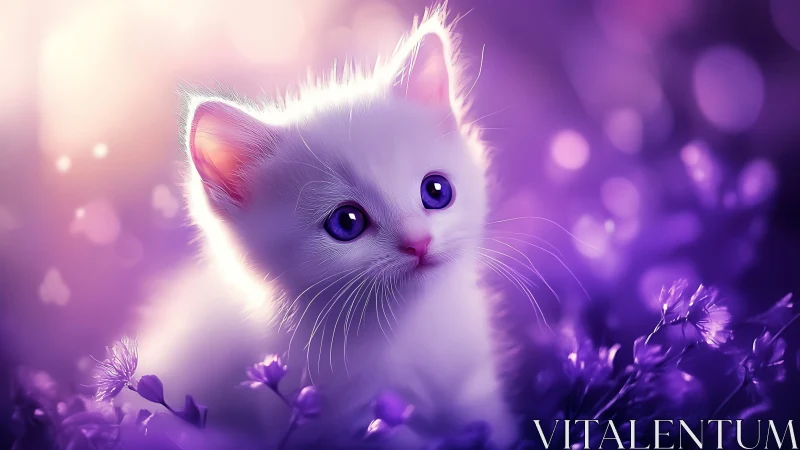Luminescent White Kitten in Purple Floral Garden Setting.